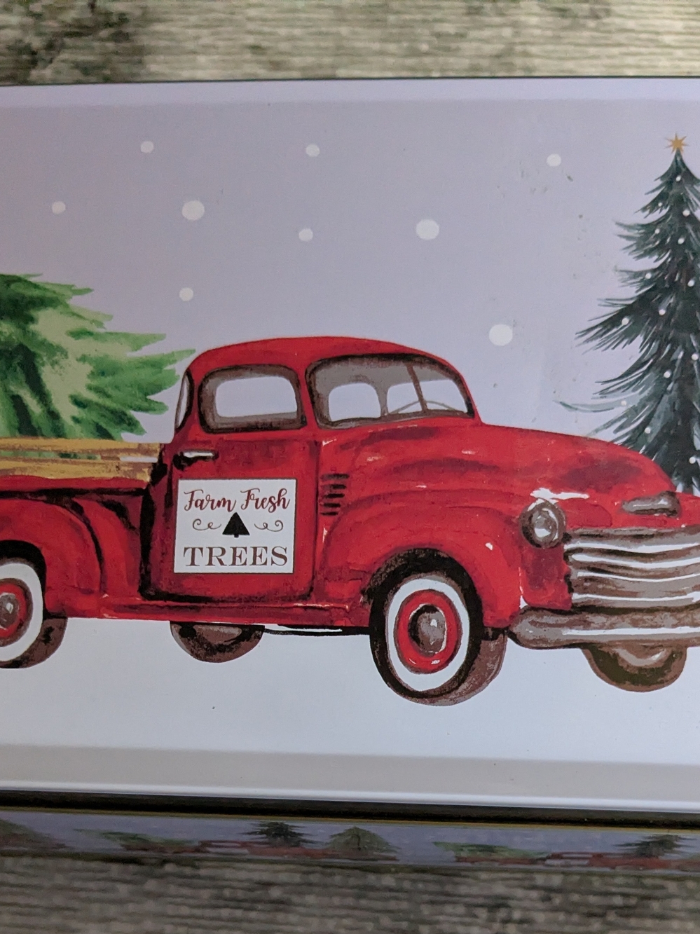 Red Vintage Truck Holiday Tin Box Farm Fresh Trees AND Small 2 Drawer Office Con